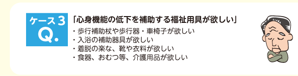 「心身機能の低下を補助する福祉用具が欲しい」・歩行補助杖や歩行器・車椅子が欲しい ・入浴の補助器具が欲しい ・着脱の楽な、靴や衣料が欲しい ・食器、おむつ等、介護用品が欲しい